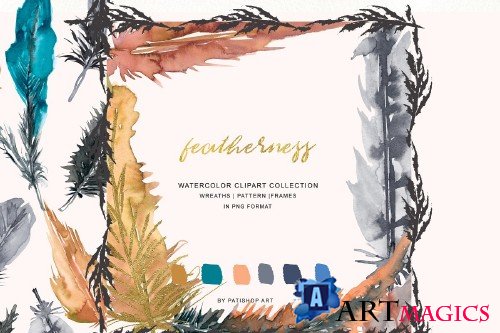 Watercolor Feather Wreath & Frames - 3737001