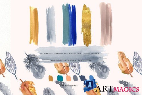 Watercolor & Gold Feather Clipart - 3736999