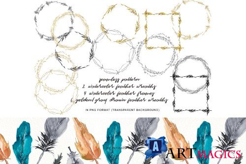 Watercolor Feather Wreath & Frames - 3737001