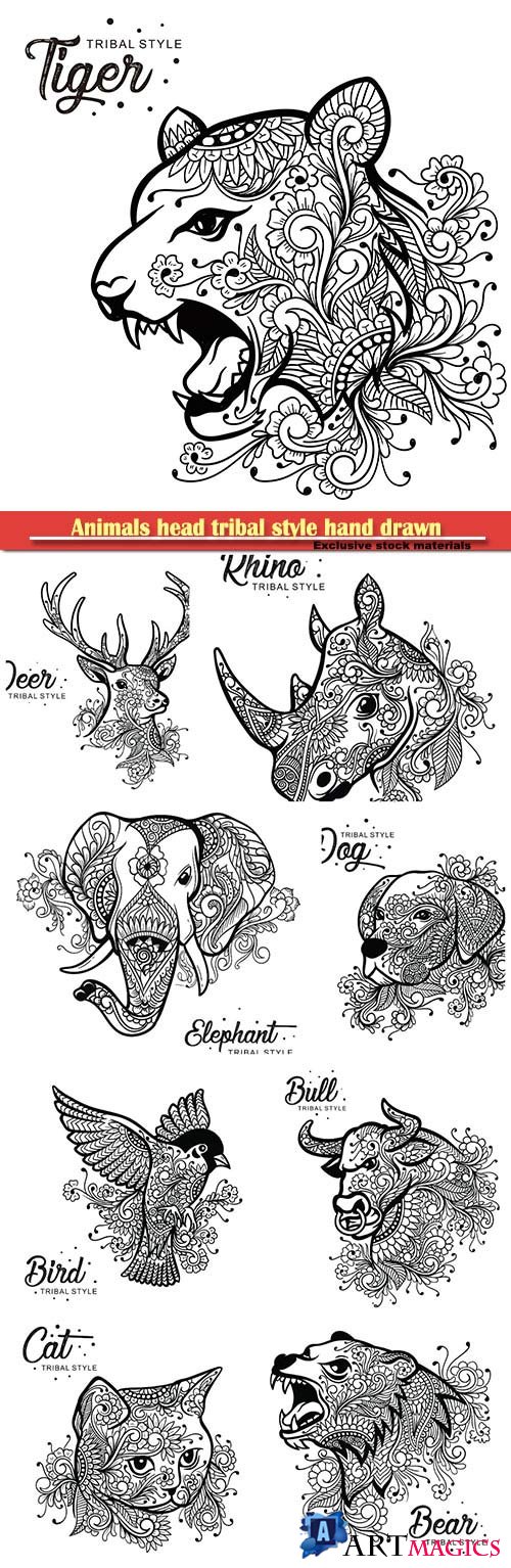 Animals head tribal style hand drawn