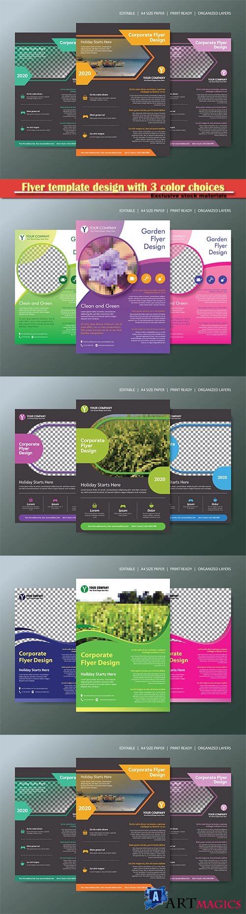 Flyer template design with 3 color choices, organized layer
