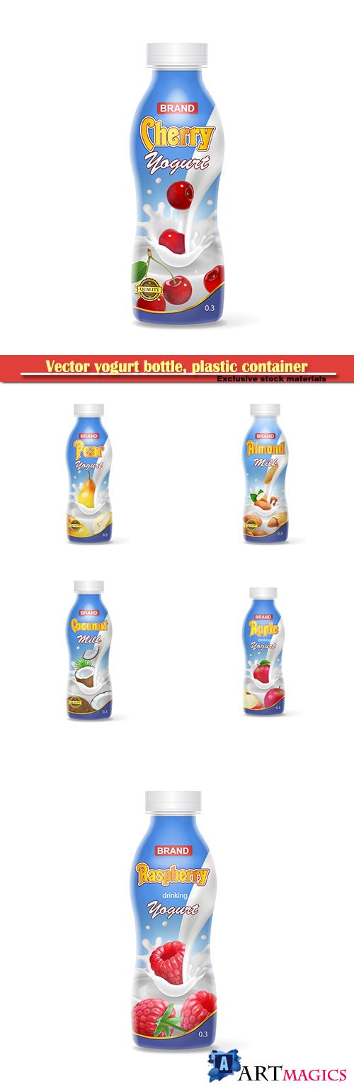 Vector yogurt bottle, plastic container with drinking berry yogurt mock-up hyperrealistic illustration