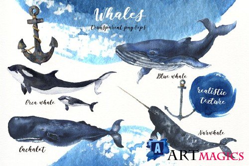 Whales and skywhales. Watercolor - 1473208