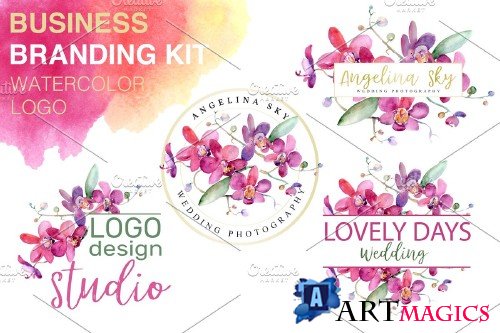 LOGO with pink orchids Watercolor PNG - 3741250
