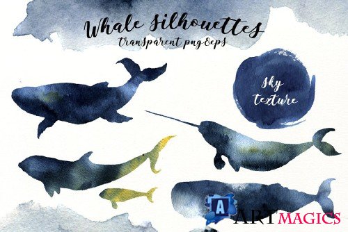 Whales and skywhales. Watercolor - 1473208