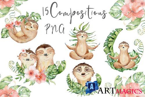Lovely Sloths Watercolor set - 3590977