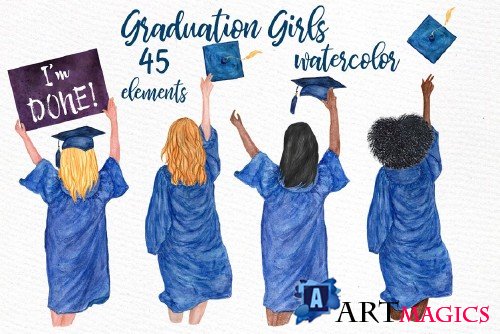 Graduation Clipart Watercolor Girls - 3742170