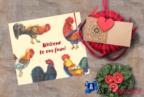 Watercolor Roosters - 1064698