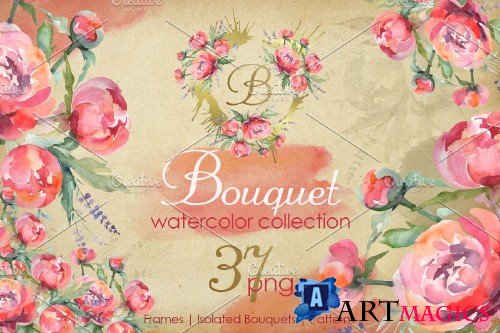 Euro Bouquet pink Watercolor png - 3756805