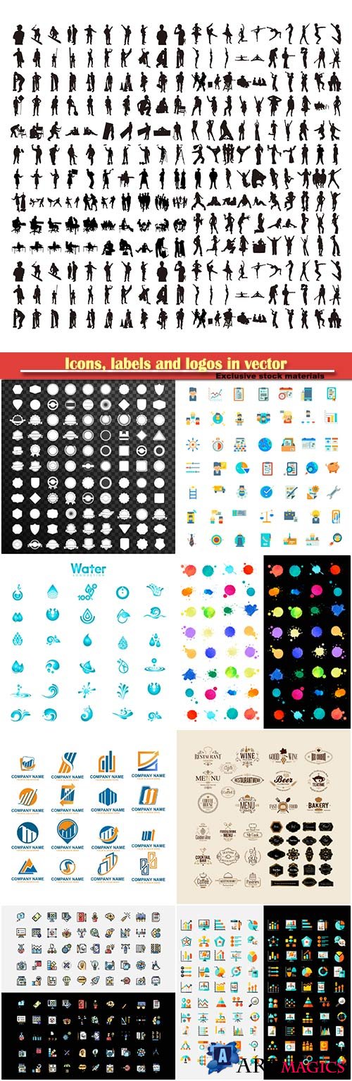 Icons, labels and logos in vector