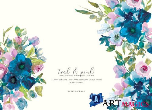 Watercolor Teal & Pink Flowers Clipart