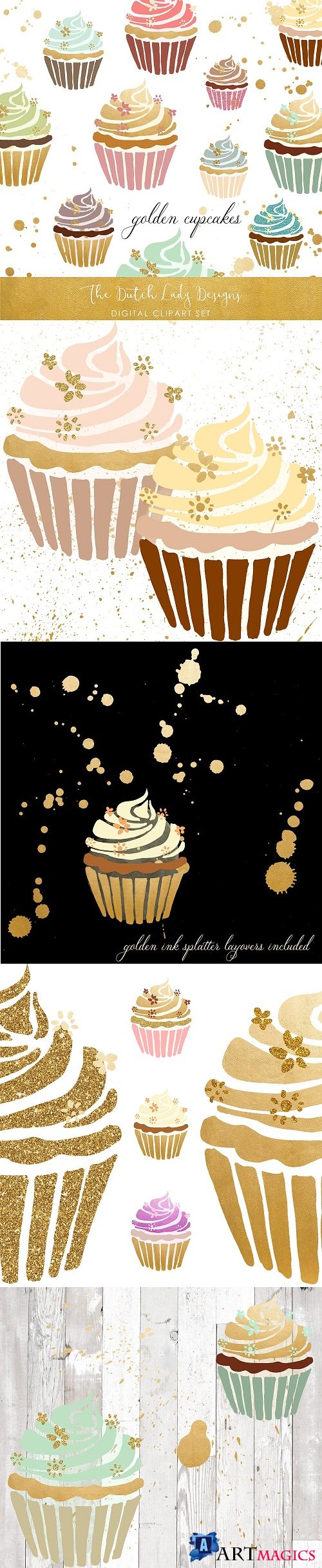 Cupcake Clipart In Gold & Pastel - 1461562