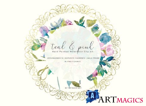 Watercolor Teal & Pink Flowers Clipart