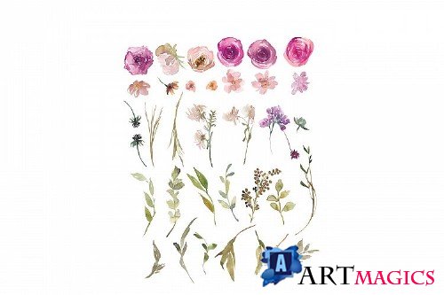 Watercolor Dusty Pink and Purple Flowers Clipart Set 257751