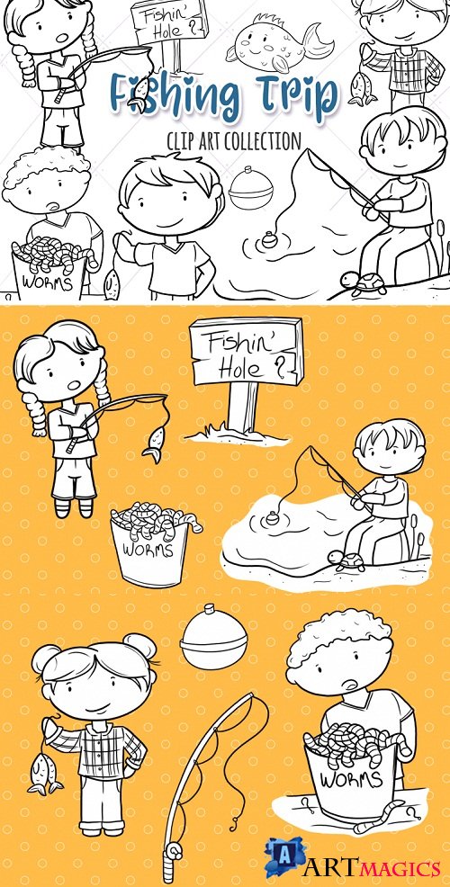 Kids Fishing Clip Art Collection Black and White - 244286