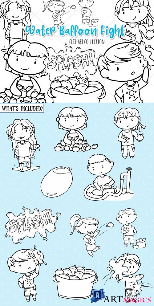 Water Balloon Fight Clip Art Black and White - 244278