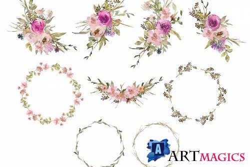 Watercolor Dusty Pink and Purple Flowers Clipart Set 257751