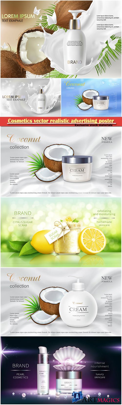 Cosmetics vector realistic advertising poster, packaging for cosmetic products, mockup for glossy magazine