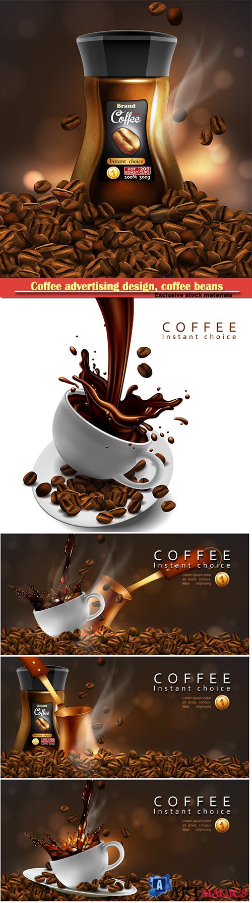 Coffee advertising design, coffee beans, cup of coffee with a splash effect  and a transparent smoke in 3d vector