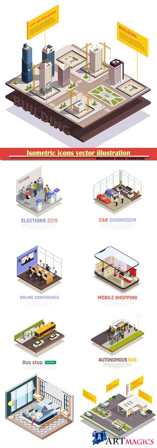 Isometric icons vector illustration, banner design template # 46