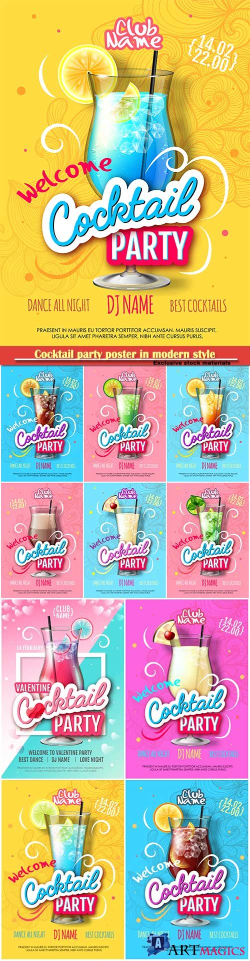Cocktail party poster in modern style, realistic cocktail vector illustration