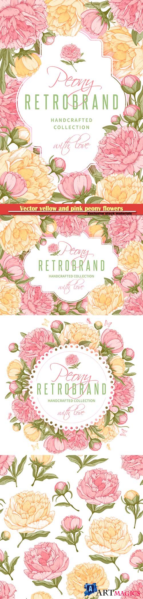 Vector frame with yellow and pink peony flowers