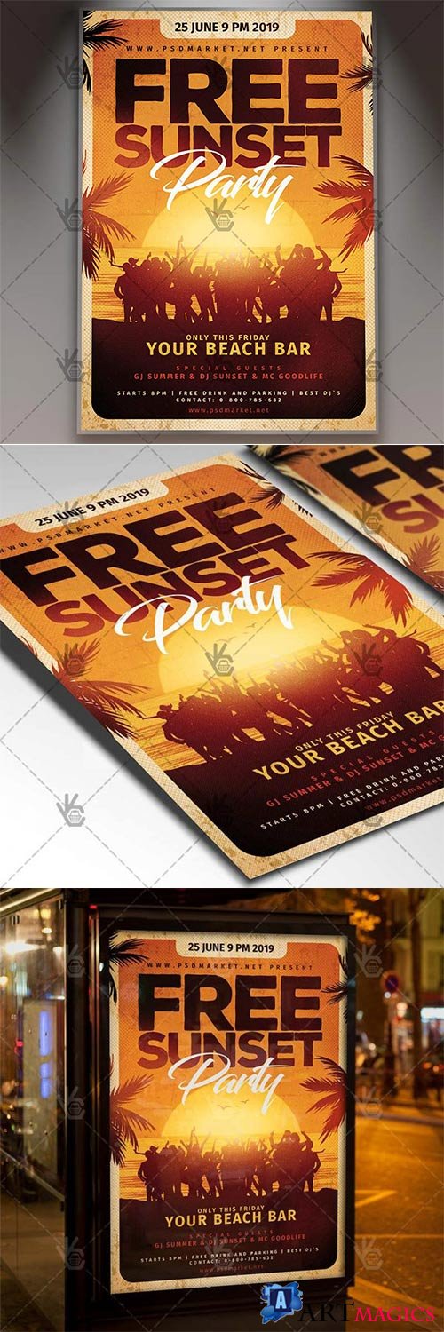 Free Sunset Party Flyer  Summer PSD Template