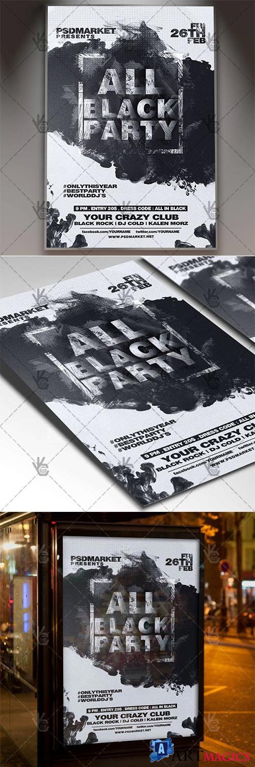 All Black Party  Club Flyer PSD Template