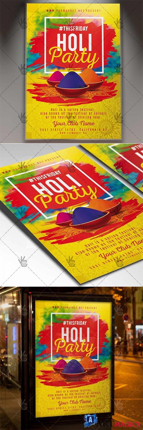 Holi Party  Club Flyer PSD Template