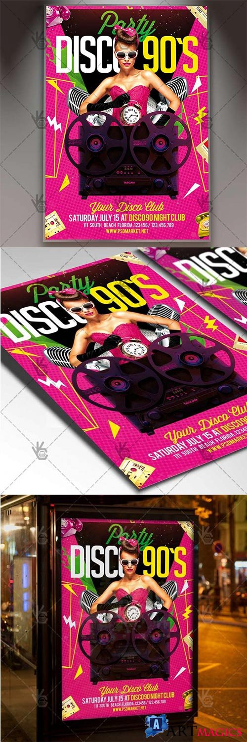 Disco 90s Night  Club Flyer PSD Template