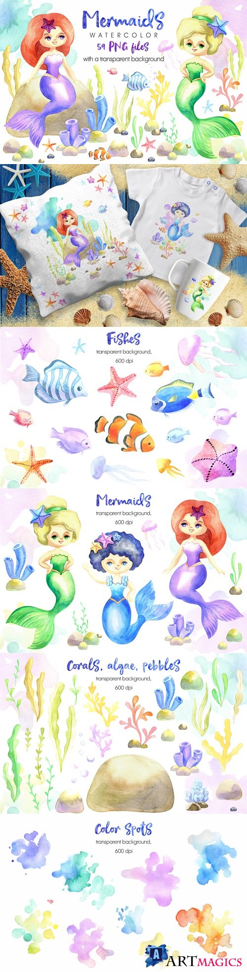 Mermaids. Watercolor cliparts set - 257895