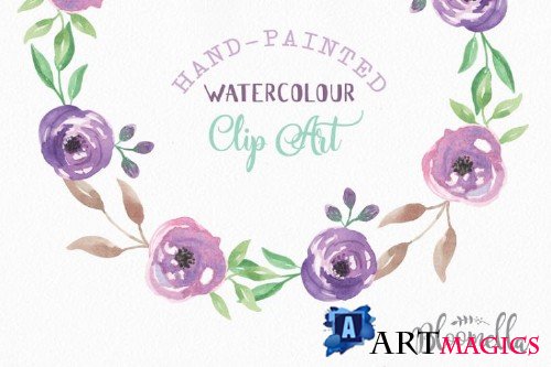 Watercolor Love Struck Clipart Wreaths Flowers Garlands Purple Floral - 100319