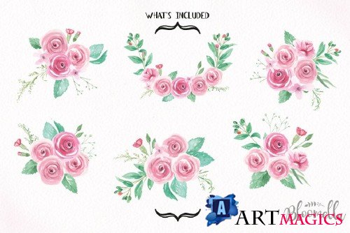 Pink Rose Bouquet Watercolor Set - 2639266