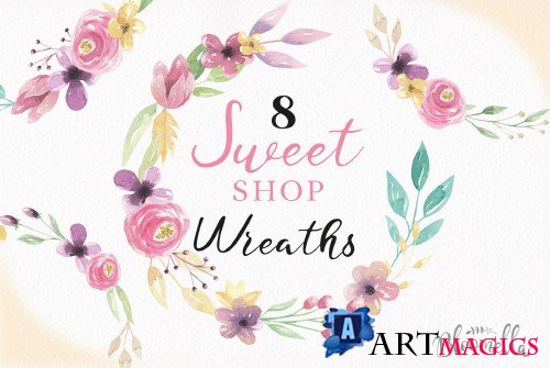 Watercolor Sweet Shop Clipart Wreaths Flowers Garlands Pastels Floral - 100267