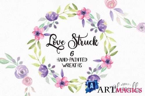 Watercolor Love Struck Clipart Wreaths Flowers Garlands Purple Floral - 100319