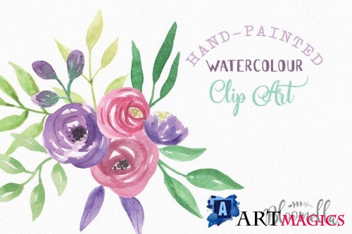Watercolor Love Struck Clipart Bouquets Flowers Purple Pink Summer Florals - 99920