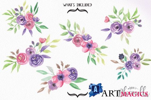 Watercolor Love Struck Clipart Bouquets Flowers Purple Pink Summer Florals - 99920
