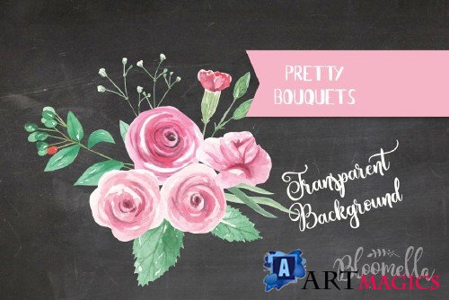Pink Rose Bouquet Watercolor Set - 2639266