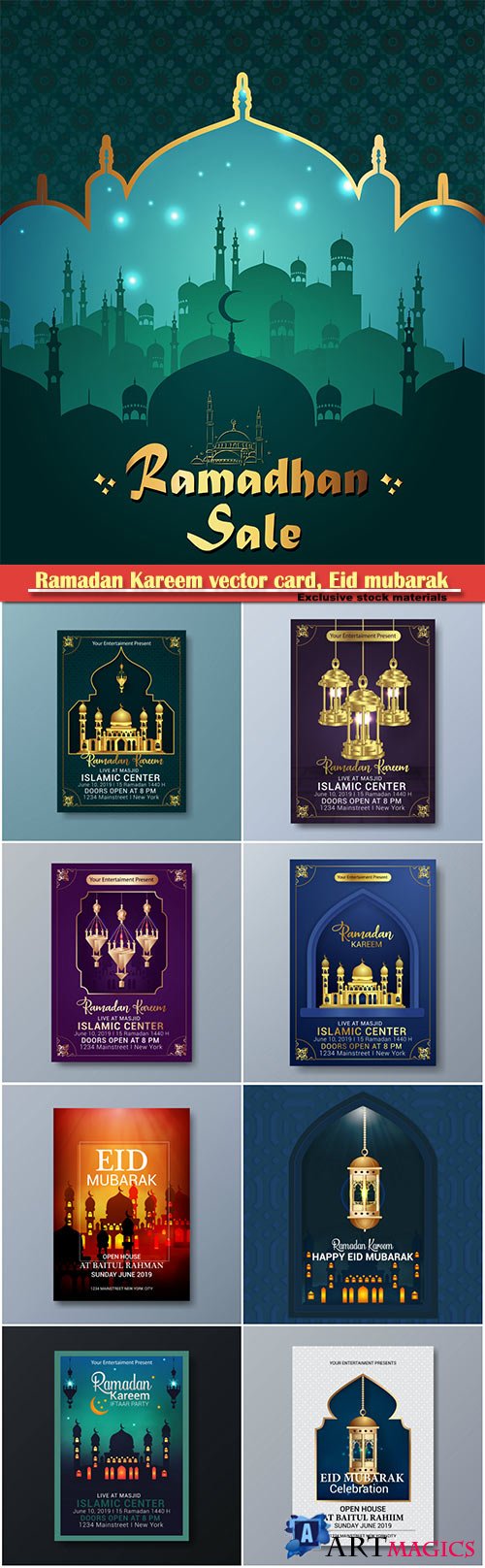Ramadan Kareem vector card, Eid mubarak calligraphy design templates