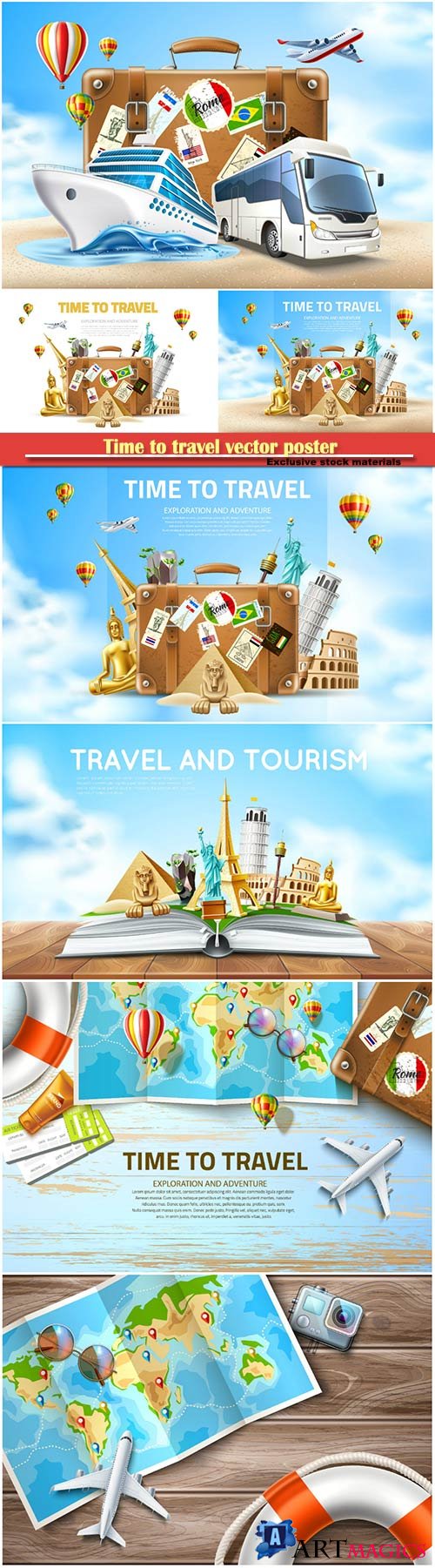Time to travel vector poster, travelling and tourism banner