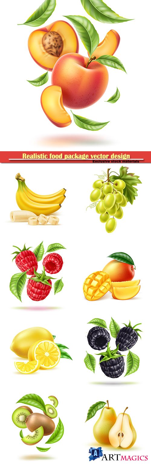 Realistic food package vector design, fruits and berries