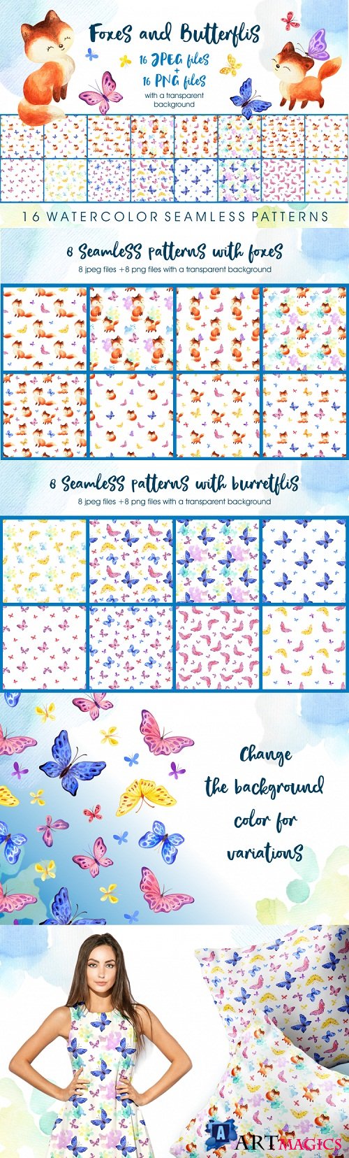 Foxes and butterflis. Watercolor seamless patterns - 259522