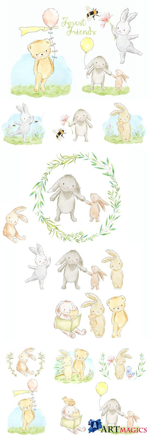 Little animals watercolor clip art - 3705006