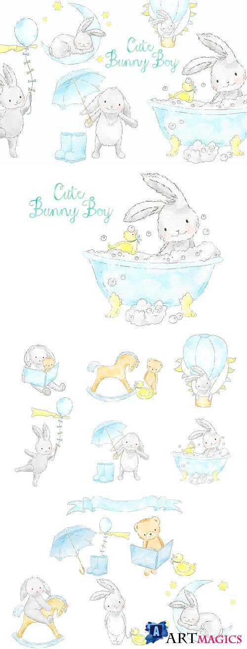 Cute bunny boy watercolor clip art - 3706088