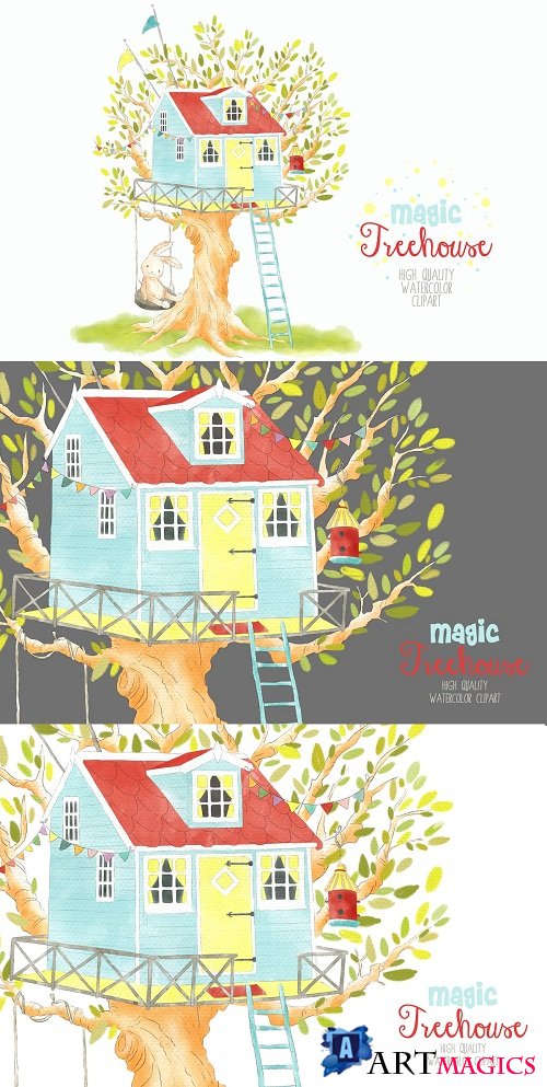 Treehouse watercolor clipart png - 3728383