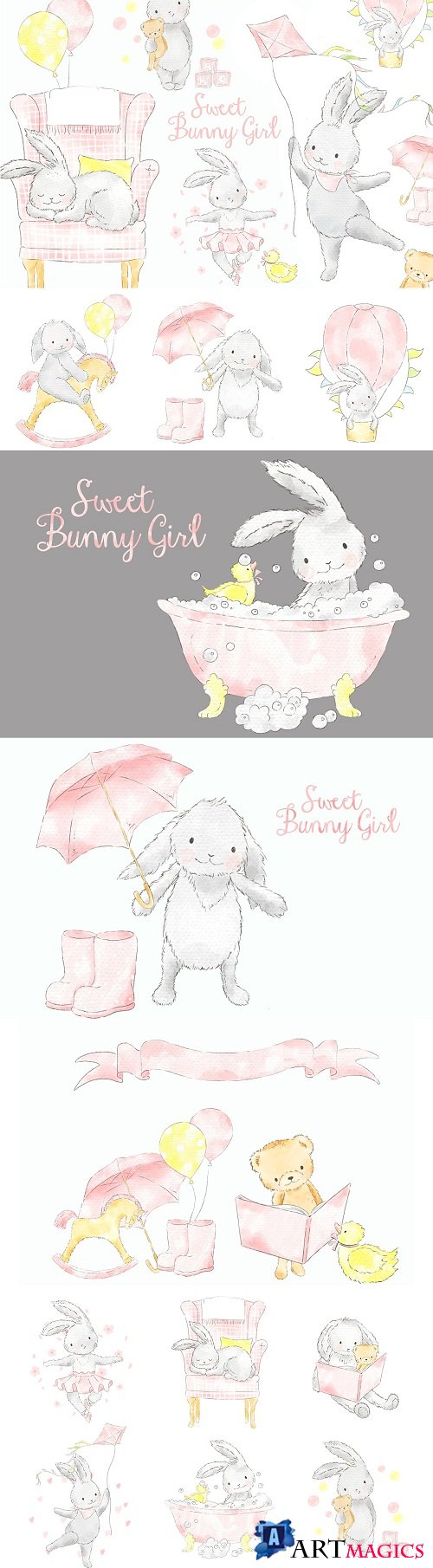 Sweet Bunny Girl watercolor clipart - 3712172