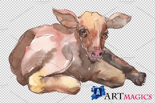 Farm animals: cow,calf Watercolor - 3780813