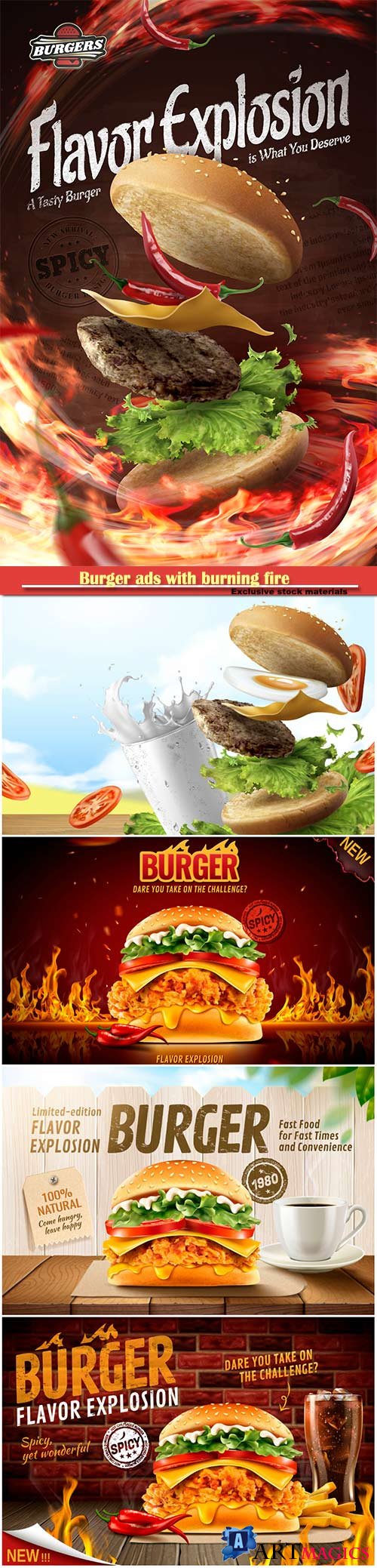 Burger ads with burning fire and set menu in 3d illustration
