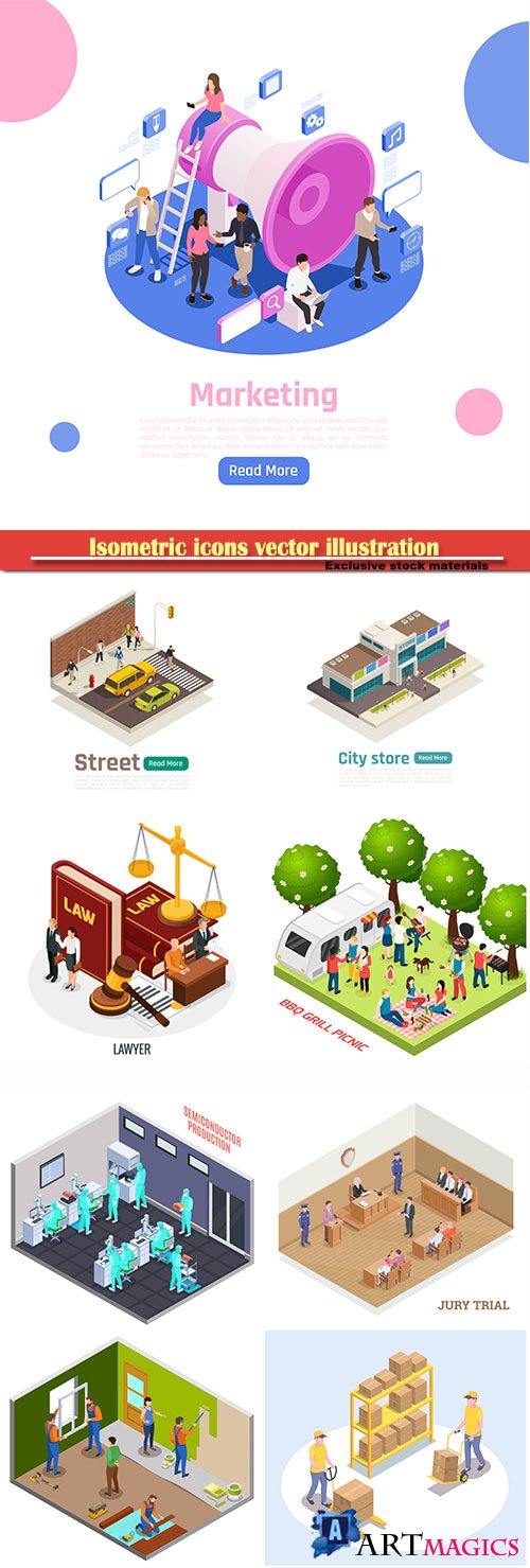 Isometric icons vector illustration, banner design template # 49