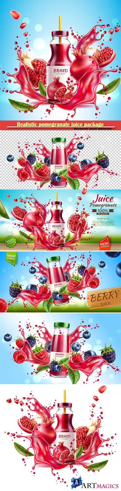 Realistic pomegranate juice package advertising design